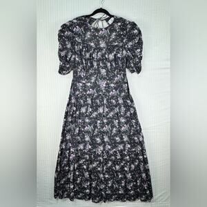 ASOS Cotton Tiered Black Ditsy Floral Maxi Dress Ruched Sleeves Button Back 14